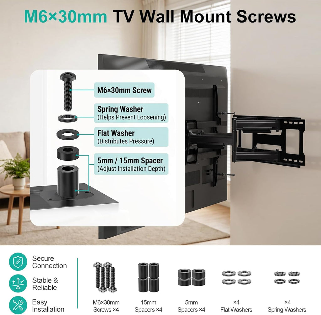 WALI M6 x 30mm VESA TV Mount Screw Kit,4 Sets,Black Universal M6 hardware kit with 5mm & 10mm spacers, adjustable installation depth 12–30mm