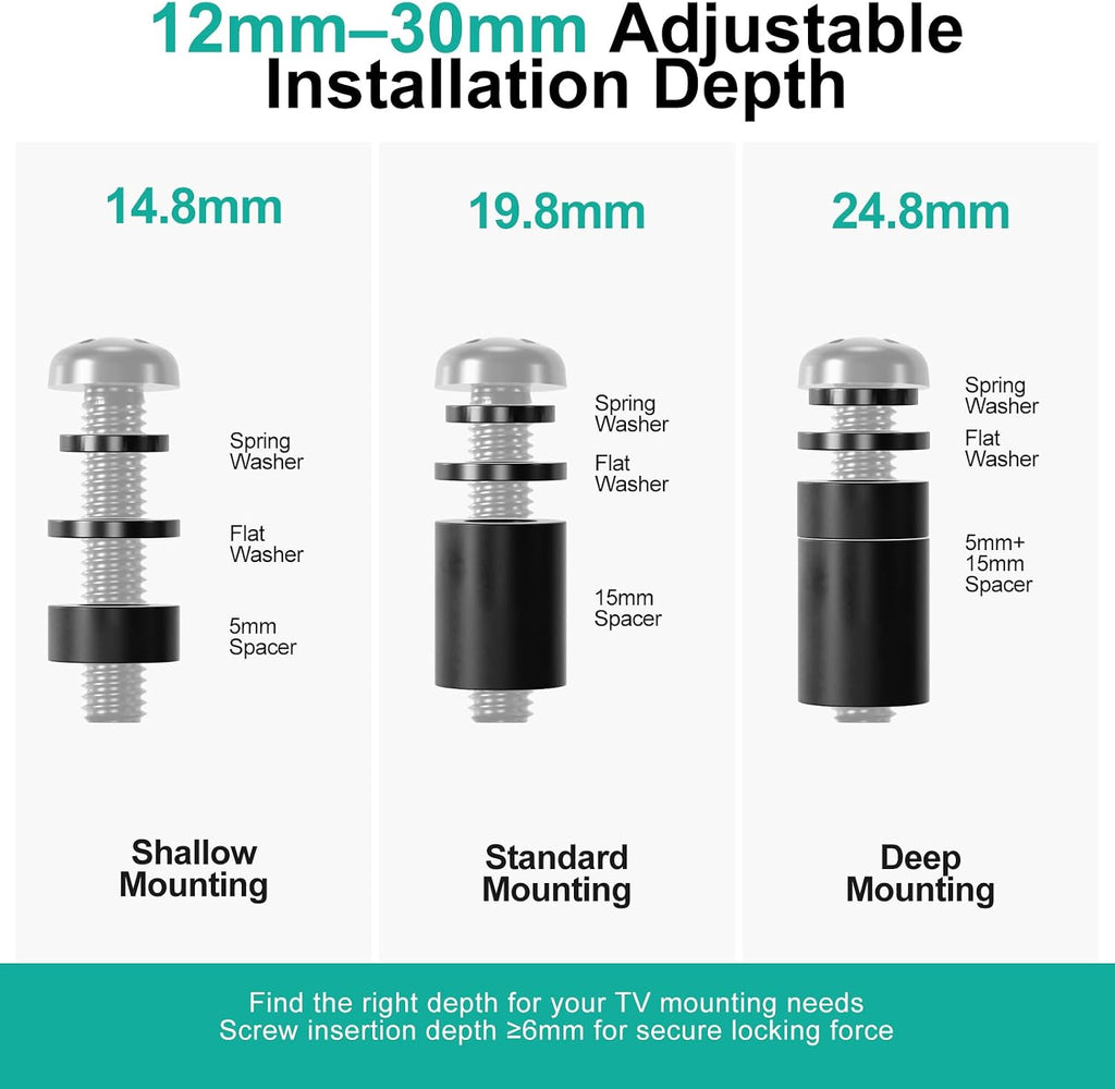 WALI M6 x 30mm VESA TV Mount Screw Kit,4 Sets,Black Universal M6 hardware kit with 5mm & 10mm spacers, adjustable installation depth 12–30mm
