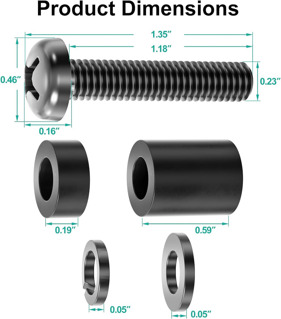 WALI M6 x 30mm VESA TV Mount Screw Kit,4 Sets,Black Universal M6 hardware kit with 5mm & 10mm spacers, adjustable installation depth 12–30mm