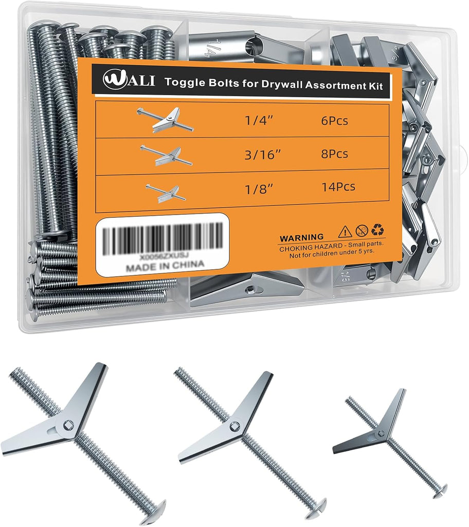 WALI Toggle Bolts and Wing Nut Kit, Butterfly Anchors for Drywall, 3 Sizes