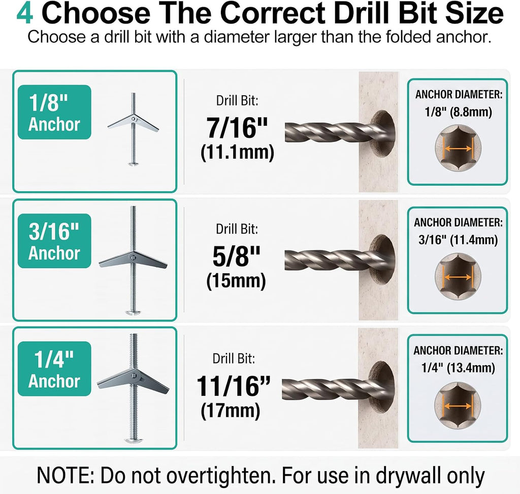 WALI Toggle Bolts and Wing Nut Kit, Butterfly Anchors for Drywall, 3 Sizes