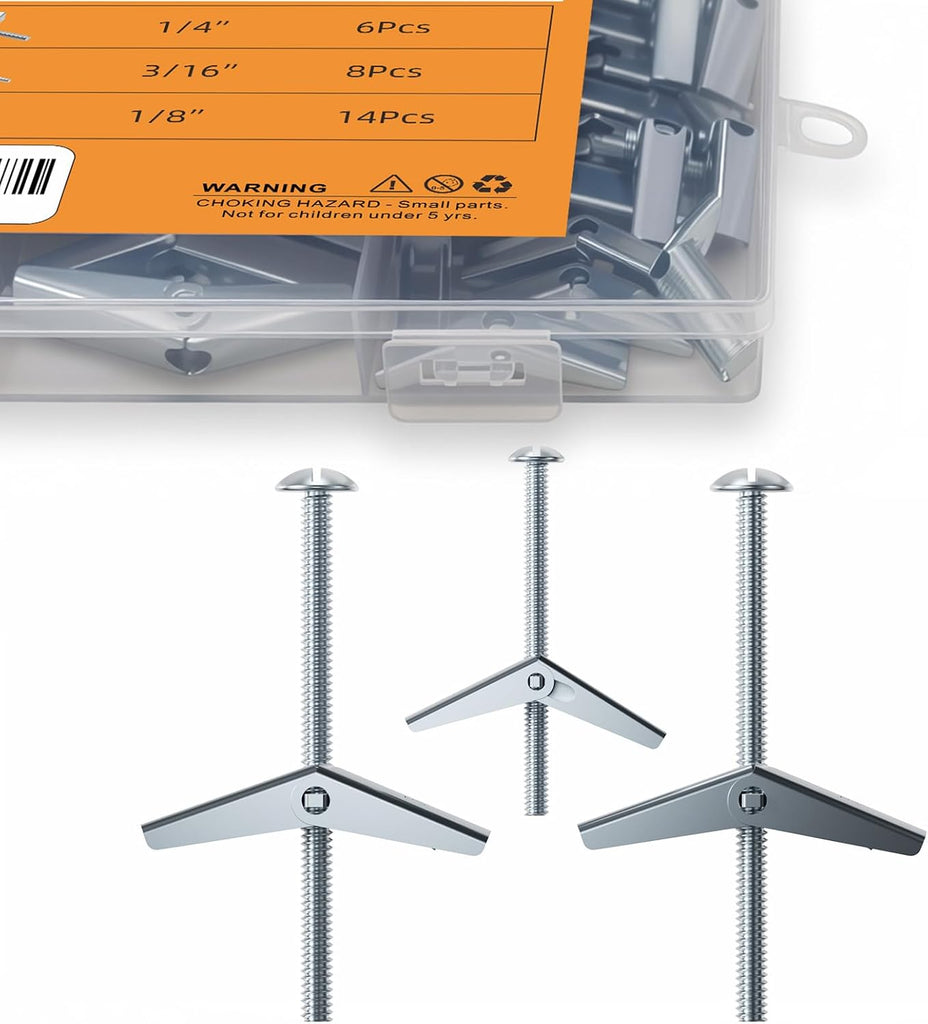 WALI Toggle Bolts and Wing Nut Kit, Butterfly Anchors for Drywall, 3 Sizes