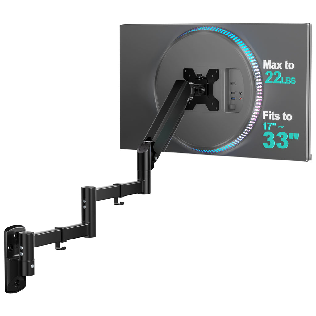 WALI Long Arm Monitor Wall Mount for 17-33 inch Screens, up to 22lbs|Extra Long Reach Single Wall Mount Monitor Arm, Full Motion Adjustable Vesa Wall Bracket 75x75/100x100mm, (GSWM001L), Black