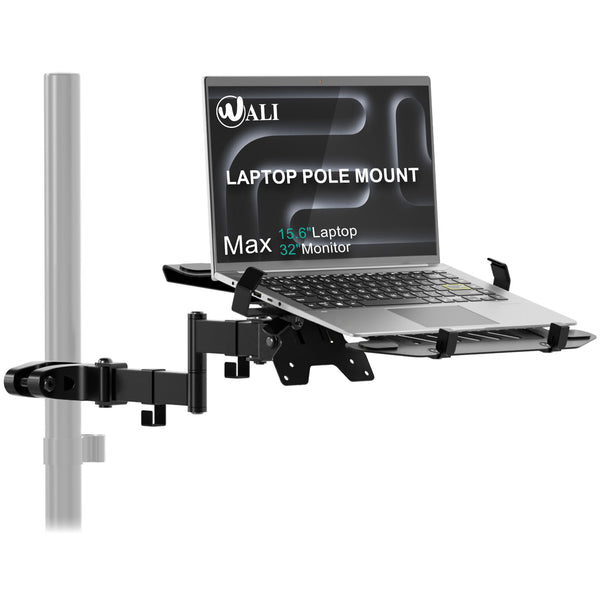 WALI Laptop Pole Mount, Adjustable Laptop Arm Holder Fits 10"-15.6" Laptops, 2-in-1 Full Motion Monitor Mount with Removable Tray, VESA 75x75 or 100x100 mm, Holds up to 15.4lbs(011ARMLPN), Black