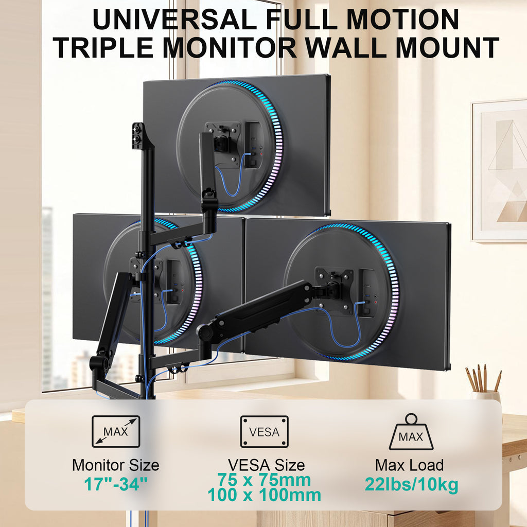 WALI Triple Monitor Wall Mount for 17-34 inch Screens, 22lbs per Arm, Black|Effortless Adjustments with Tilt/Swivel/Rotate, Space-Saving, VESA 75/100mm Easy Install, Cable Management, (GSWM003), Black