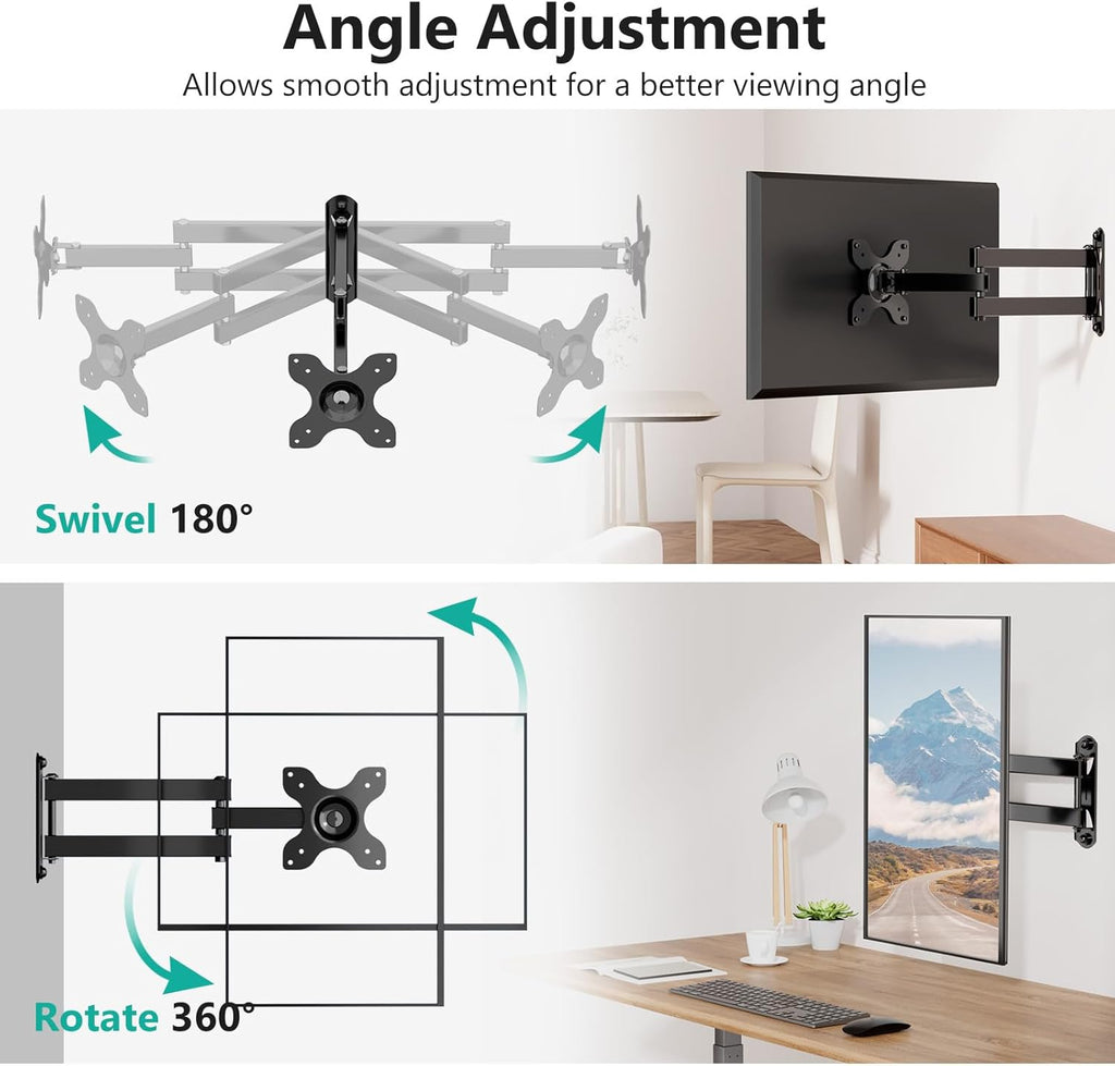 WALI TV Wall Mount Articulating LCD Monitor Full Motion 15 inch Extension Arm Tilt Swivel for Most 13 to 32 inch LED TV Flat Panel Screen with Mounting Holes up to 100x100mm (1330LM), Black