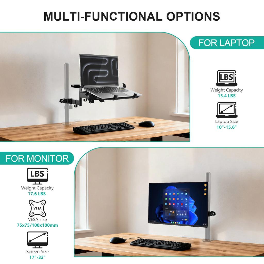 WALI Laptop Pole Mount, Adjustable Laptop Arm Holder Fits 10"-15.6" Laptops, 2-in-1 Full Motion Monitor Mount with Removable Tray, VESA 75x75 or 100x100 mm, Holds up to 15.4lbs(011ARMLPN), Black