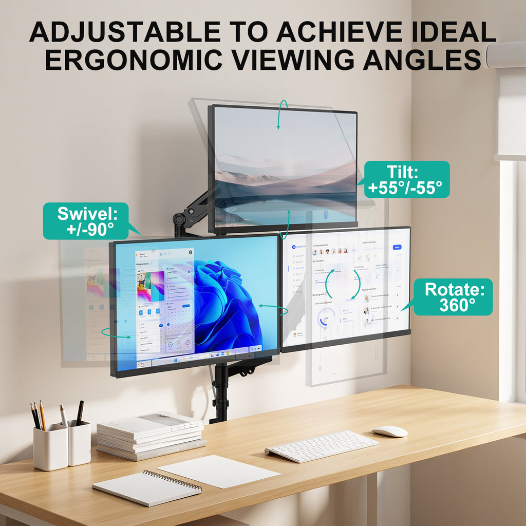 WALI Triple Monitor Wall Mount for 17-34 inch Screens, 22lbs per Arm, Black|Effortless Adjustments with Tilt/Swivel/Rotate, Space-Saving, VESA 75/100mm Easy Install, Cable Management, (GSWM003), Black
