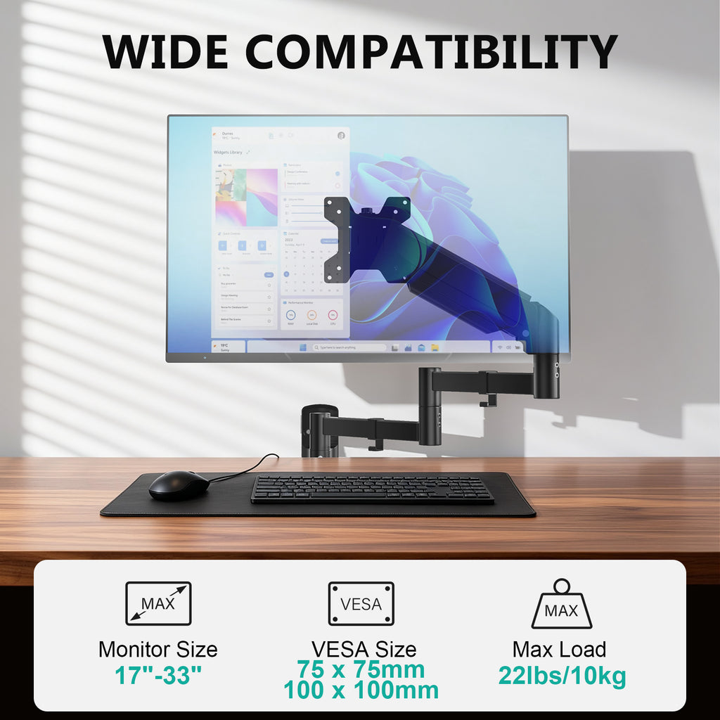 WALI Long Arm Monitor Wall Mount for 17-33 inch Screens, up to 22lbs|Extra Long Reach Single Wall Mount Monitor Arm, Full Motion Adjustable Vesa Wall Bracket 75x75/100x100mm, (GSWM001L), Black