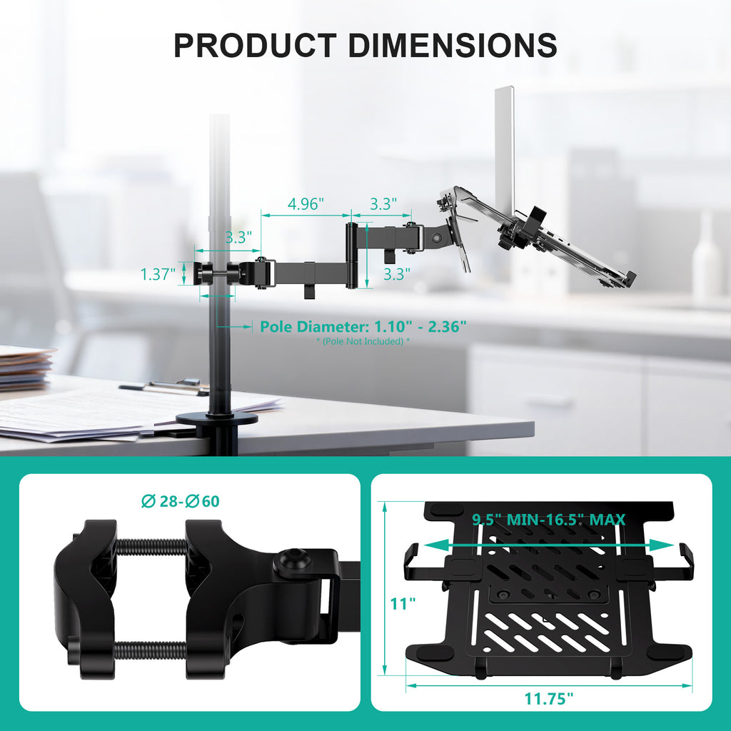 WALI Laptop Pole Mount, Adjustable Laptop Arm Holder Fits 10"-15.6" Laptops, 2-in-1 Full Motion Monitor Mount with Removable Tray, VESA 75x75 or 100x100 mm, Holds up to 15.4lbs(011ARMLPN), Black