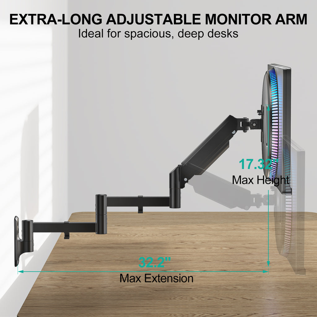 WALI Long Arm Monitor Wall Mount for 17-33 inch Screens, up to 22lbs|Extra Long Reach Single Wall Mount Monitor Arm, Full Motion Adjustable Vesa Wall Bracket 75x75/100x100mm, (GSWM001L), Black