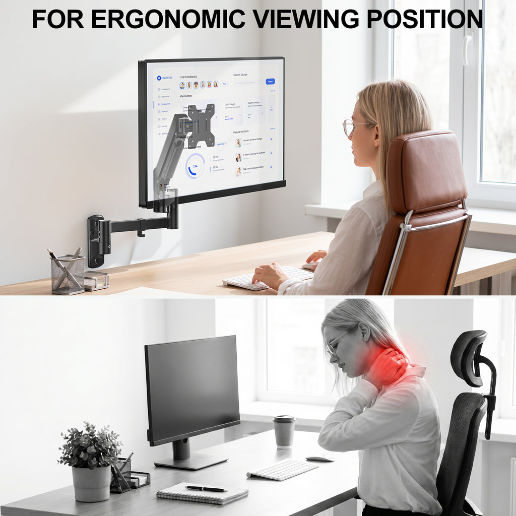 WALI Long Arm Monitor Wall Mount for 17-33 inch Screens, up to 22lbs|Extra Long Reach Single Wall Mount Monitor Arm, Full Motion Adjustable Vesa Wall Bracket 75x75/100x100mm, (GSWM001L), Black