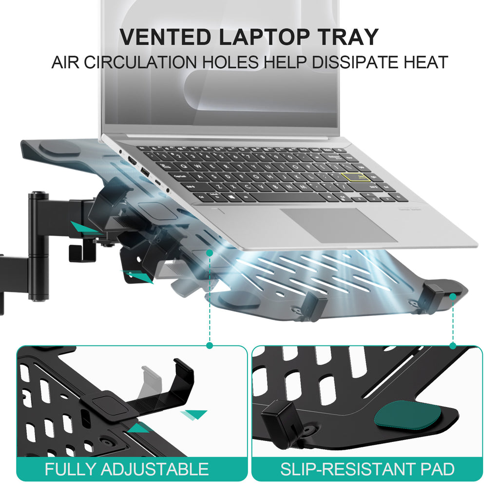 WALI Laptop Pole Mount, Adjustable Laptop Arm Holder Fits 10"-15.6" Laptops, 2-in-1 Full Motion Monitor Mount with Removable Tray, VESA 75x75 or 100x100 mm, Holds up to 15.4lbs(011ARMLPN), Black