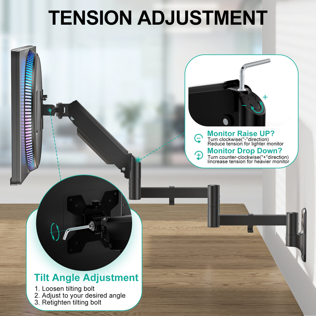 WALI Long Arm Monitor Wall Mount for 17-33 inch Screens, up to 22lbs|Extra Long Reach Single Wall Mount Monitor Arm, Full Motion Adjustable Vesa Wall Bracket 75x75/100x100mm, (GSWM001L), Black