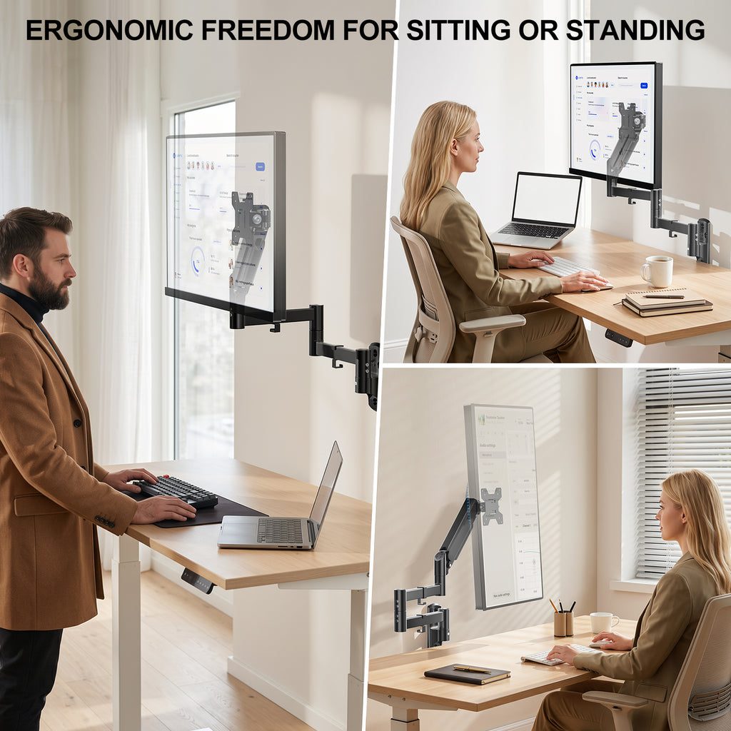 WALI Long Arm Monitor Wall Mount for 17-33 inch Screens, up to 22lbs|Extra Long Reach Single Wall Mount Monitor Arm, Full Motion Adjustable Vesa Wall Bracket 75x75/100x100mm, (GSWM001L), Black