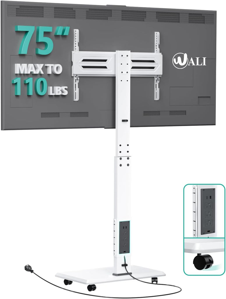 WALI Rolling TV Stand with Power Outlet, Mobile Tall TV Stand Mount on Wheels for 39-75 inch TV up to 110 lbs, Swivel Height Adjustable TV Cart with Wood Base for Bedroom(TVDVD-7PRW), White