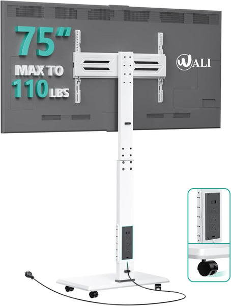 WALI Rolling TV Stand with Power Outlet, Mobile Tall TV Stand Mount on Wheels for 39-75 inch TV up to 110 lbs, Swivel Height Adjustable TV Cart with Wood Base for Bedroom(TVDVD-7PRW), White