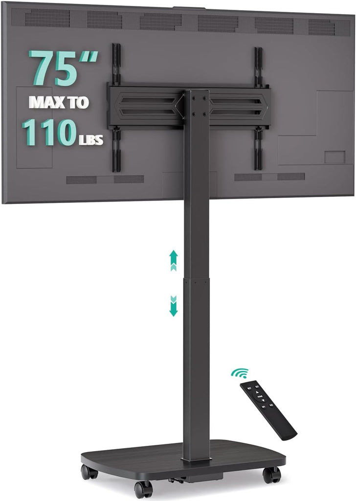 WALI Motorized Rolling TV Stand Lift on Wheels, Electric Height Adjustable Television Stand Mount with Remote for 30-75” TVs up to 110 lbs, Mobile TV Cart with Wood Base for Bedroom(TVDVD-7ER), Black