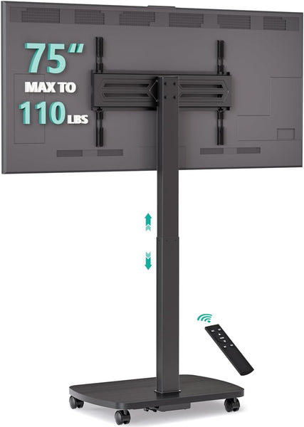 WALI Motorized Rolling TV Stand Lift on Wheels, Electric Height Adjustable Television Stand Mount with Remote for 30-75” TVs up to 110 lbs, Mobile TV Cart with Wood Base for Bedroom(TVDVD-7ER), Black