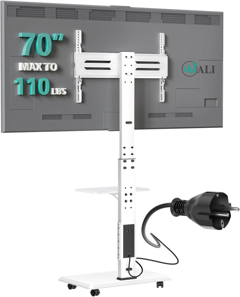 WALI Rolling TV Stand with Power Outlet & AV Shelf, Mobile Tall TV Stand Mount on Wheels for 39-70 inch TV up to 110 lbs, Swivel Height Adjustable TV Cart with Wood Base for Bedroom(TVDVD-6PRW), White
