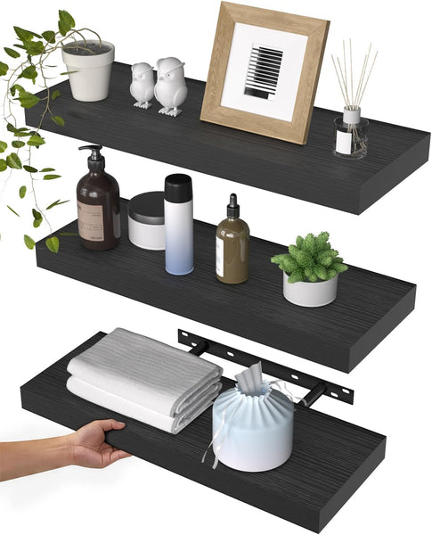 WALI Floating Shelves for Wall, 3 Tier Bathroom Storage Shelf Over Toilet, for Bedroom Bookshelf, Living Room Decor, Kitchen, Nursery, Laundry, Soundbar Floating Shelf Mount Under TV (CS103L), Black