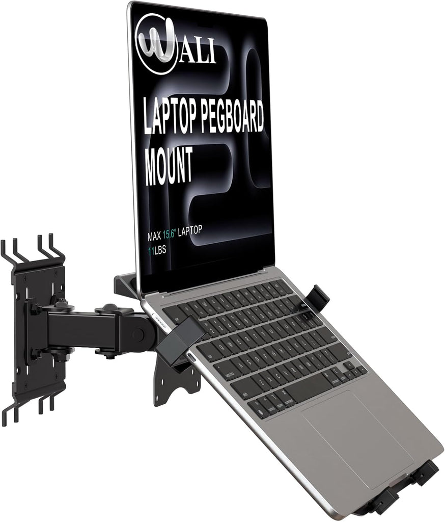 WALI Articulating Pegboard Adjustable Mount for Laptop and Monitor 2 in 1 with Vented Tray, Fits 1" Hole Spacing & Up to 1/4" Hole Diameter, Supports Laptop or Monitor Under 8.8lbs, PM00LP, Black
