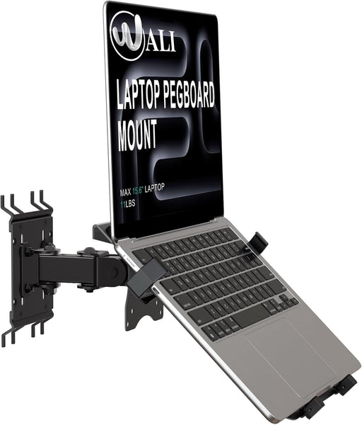WALI Articulating Pegboard Adjustable Mount for Laptop and Monitor 2 in 1 with Vented Tray, Fits 1" Hole Spacing & Up to 1/4" Hole Diameter, Supports Laptop or Monitor Under 8.8lbs, PM00LP, Black