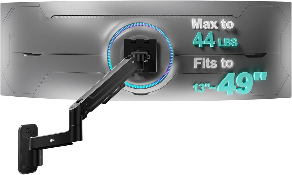 WALI Monitor Wall Mount for 13-49 Inch Ultrawide Screens, Heavy Duty Single Monitor Mount Holds up to 44 lbs, Adjustable Wall Mount Monitor Arm, 75/100mm VESA Mount (GSWM001-P), Black