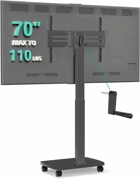 WALI Rolling TV Stand with Hand Crank Lift, Mobile Tall Television Stand Mount on Wheels for 30-70” TVs up to 110 lbs, Swivel Height Adjustable TV Cart with Wood Base for Bedroom(TVDVD-7MR), Black