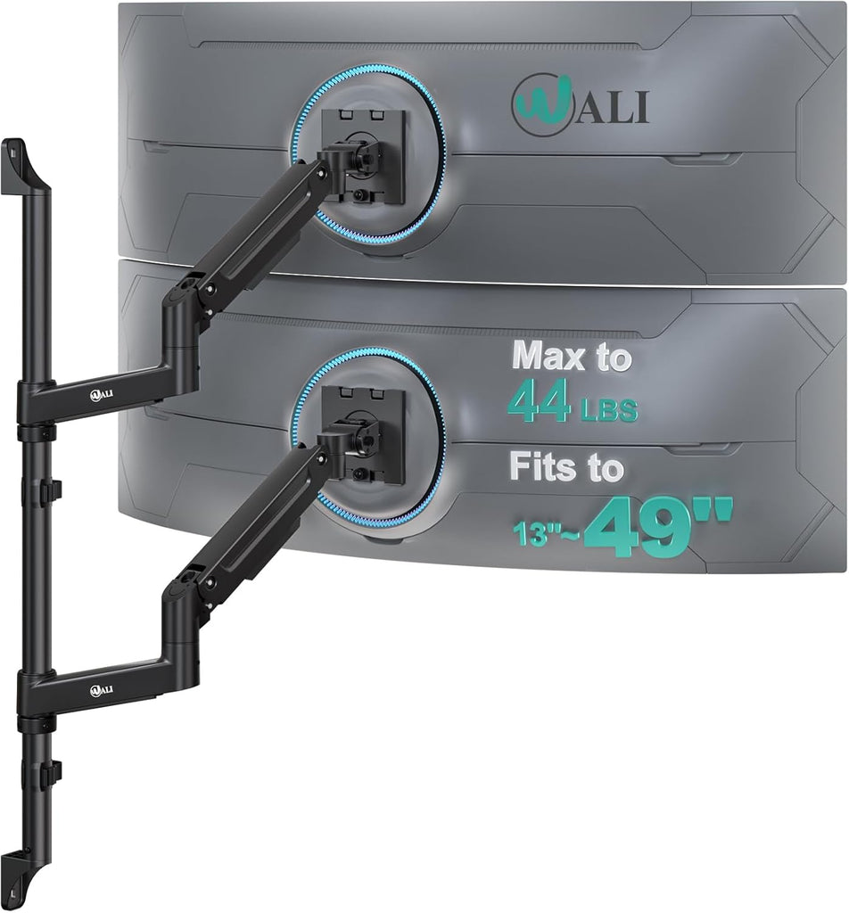 WALI Vertical Dual Monitor Wall Mount for 13-49 inch Screens, Heavy Duty Stacked Dual Monitor Stand for Wall, Adjustable Ultrawide Monitor Arm Wall Mounted, Holds up to 44 lbs (GSWM002-P), Black