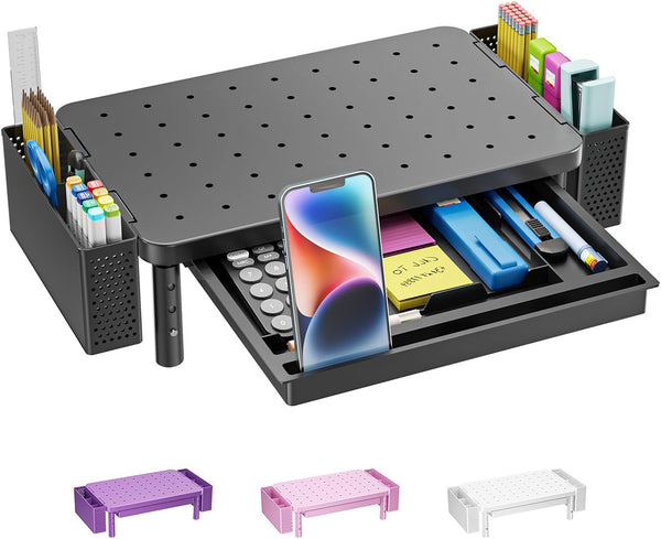 WALI Computer Monitor Stand with Storage, Desk Organizer with Drawer and Pen Holder, Desk Monitor Riser 3 Height Adjustable, Laptop Riser for Computer, Laptop, Printer(PTT003-B), 1 Pack, Black