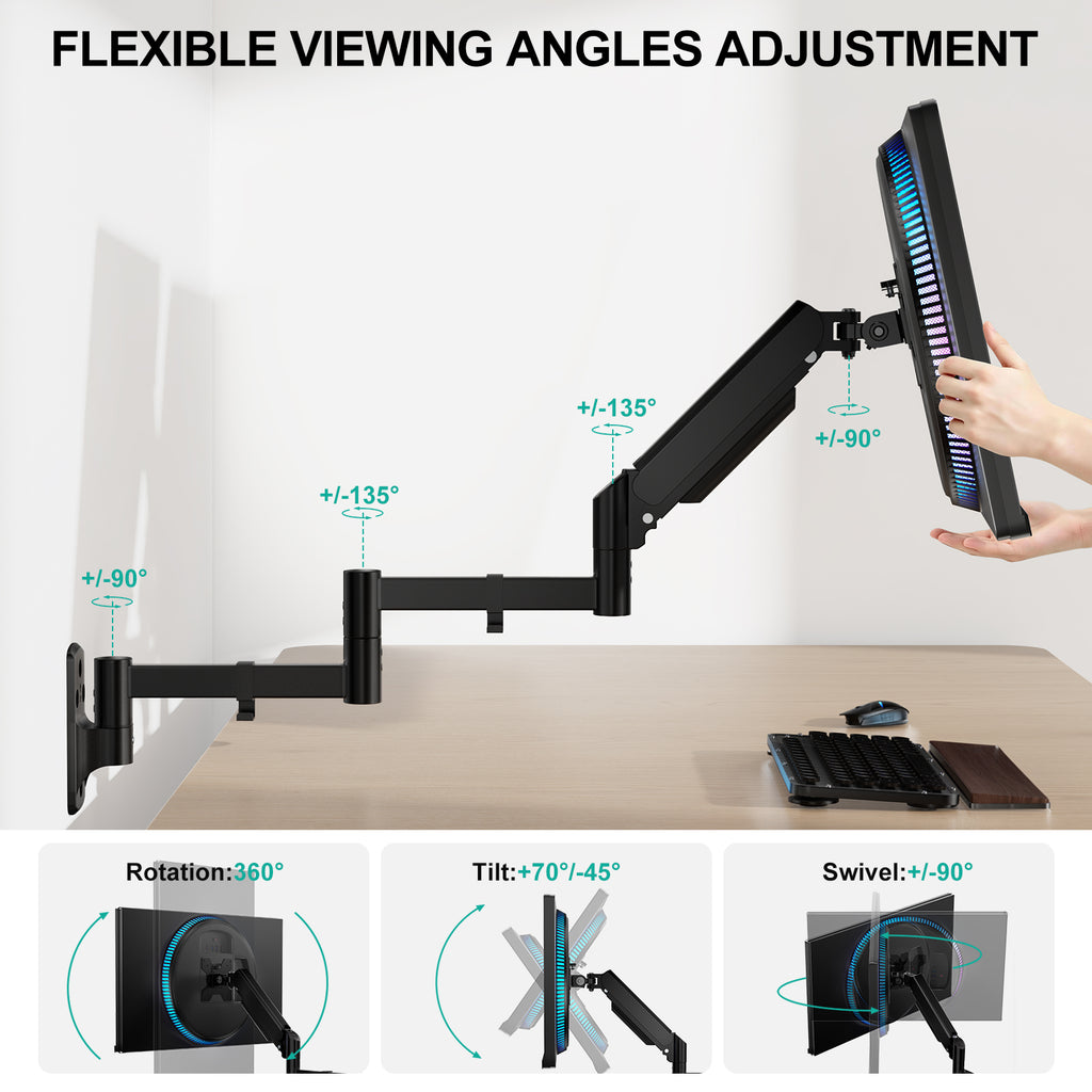 WALI Long Arm Monitor Wall Mount for 17-33 inch Screens, up to 22lbs|Extra Long Reach Single Wall Mount Monitor Arm, Full Motion Adjustable Vesa Wall Bracket 75x75/100x100mm, (GSWM001L), Black