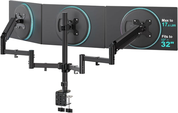 WALI Triple Monitor Mount for 13-27 inch Screens, Adjustable 3 Monitors Desk Mount with Swivel, Tilt, Clamp & Grommet Kit, Gas Spring Arm Triple Monitor Stand, VESA 75x75/100x100mm (GSDM003), Black