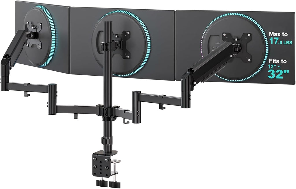 WALI Triple Monitor Mount for 13-32 inch Screens, up to 17.6 lbs per Arm | Adjustable 3 Monitor Desk Mount with Swivel, Tilt, Rotation, Triple Monitor Stand for Desk, VESA 75/100mm (GSDM003), Black