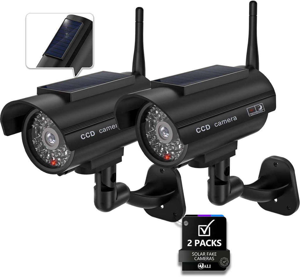 WALI Dummy Fake Camera, Solar Powered Fake Security Camera with LED Light, Simulated Surveillance Security CCTV Dome Cameras with Antenna and Warning Sticker Indoor Outdoor (SOL-TCB2), 2 Packs, Black