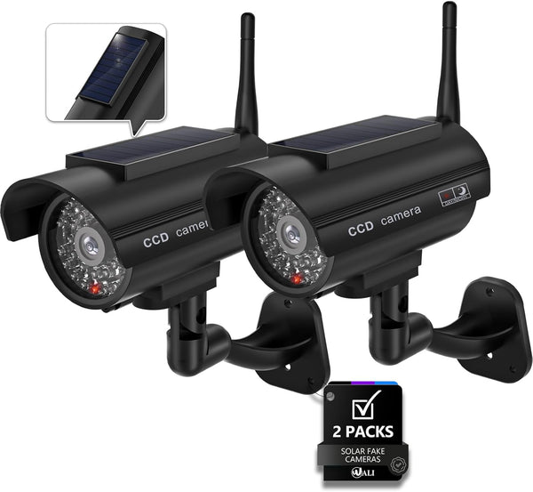 WALI Dummy Fake Camera, Solar Powered Fake Security Camera with LED Light, Simulated Surveillance Security CCTV Dome Cameras with Antenna and Warning Sticker Indoor Outdoor (SOL-TCB2), 2 Packs, Black