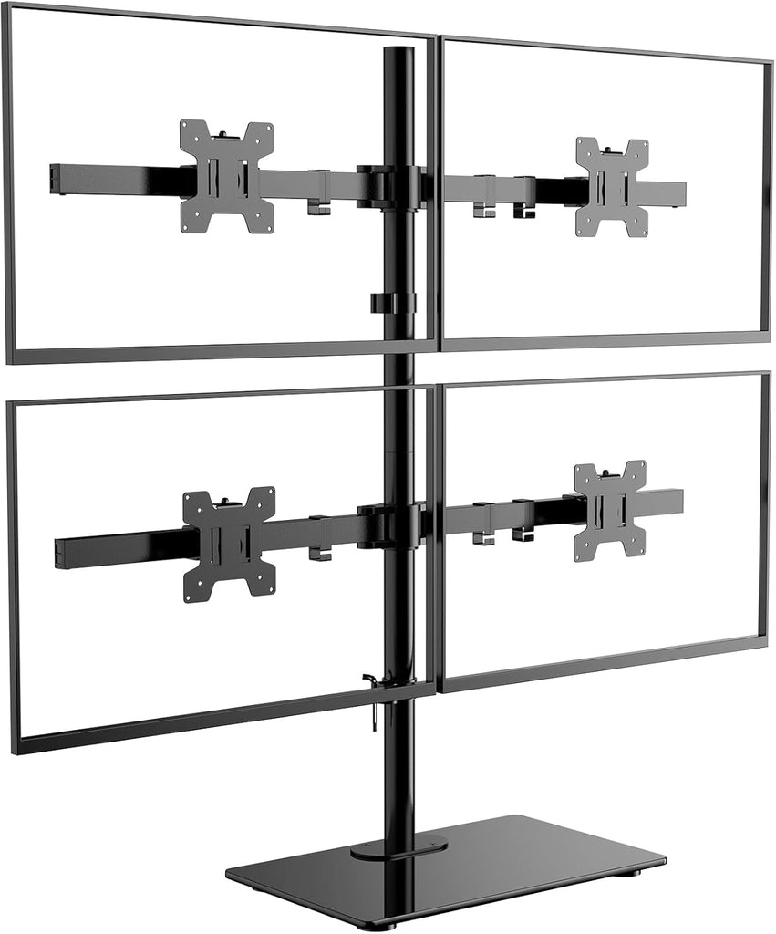 WALI Freestanding Quad Monitor Mount for 17-27 Inch Screens, Fully Adjustable 4 Monitor Stand with Swivel, Tilt, Rotation, Glass Base, Max Load 22 lbs per Arm (GMF004), Black