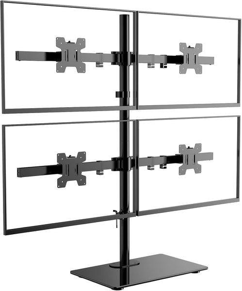 WALI Freestanding Quad Monitor Mount for 17-27 Inch Screens, Fully Adjustable 4 Monitor Stand with Swivel, Tilt, Rotation, Glass Base, Max Load 22 lbs per Arm (GMF004), Black