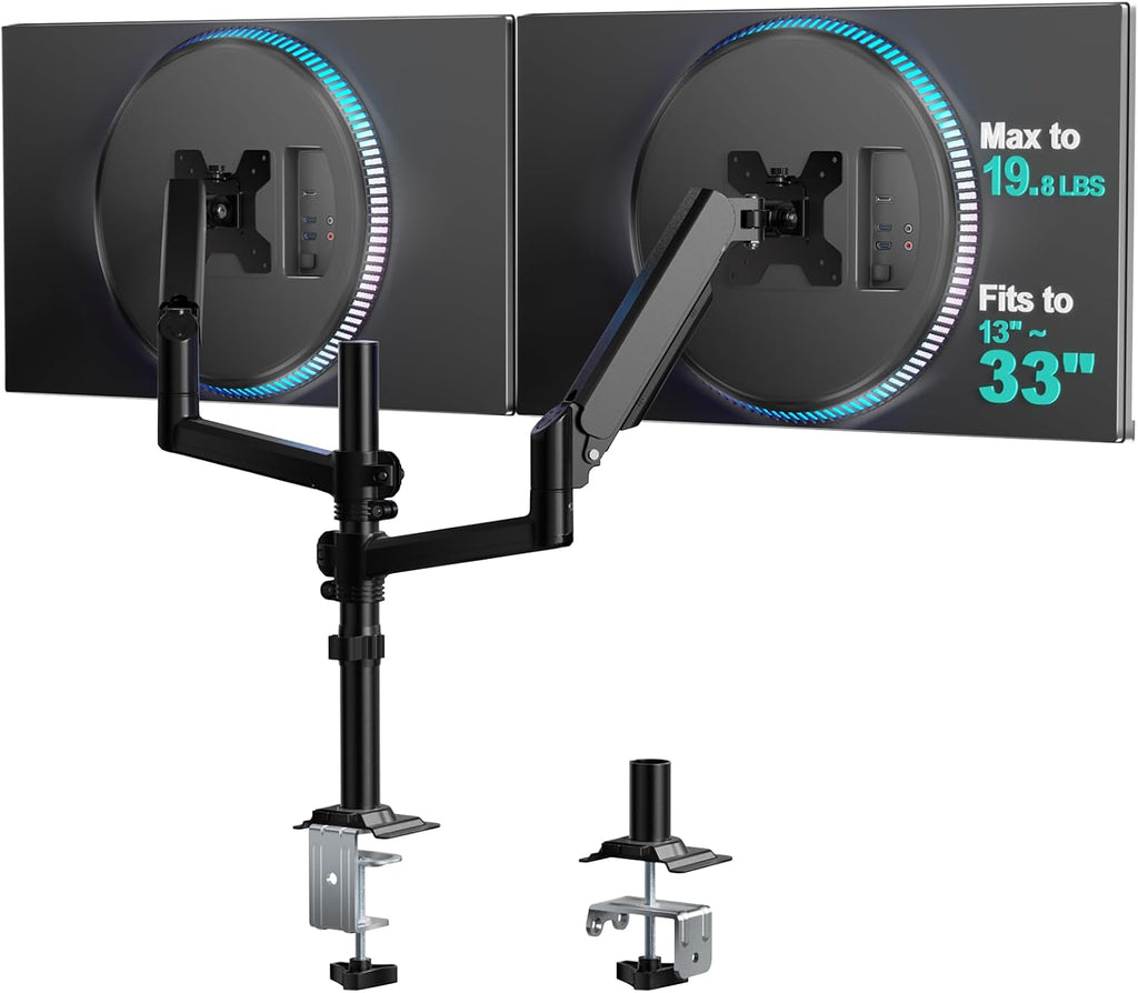 WALI Tall Dual Monitor Desk Mount for 13-33 inch Screens, 19.8 lbs per Arm | Dual Monitor Arms for 2 Monitors, Full Motion with Tilt, Swivel, Rotation, C-Clamp & Grommet, VESA 75/100mm (GSDM002), Black