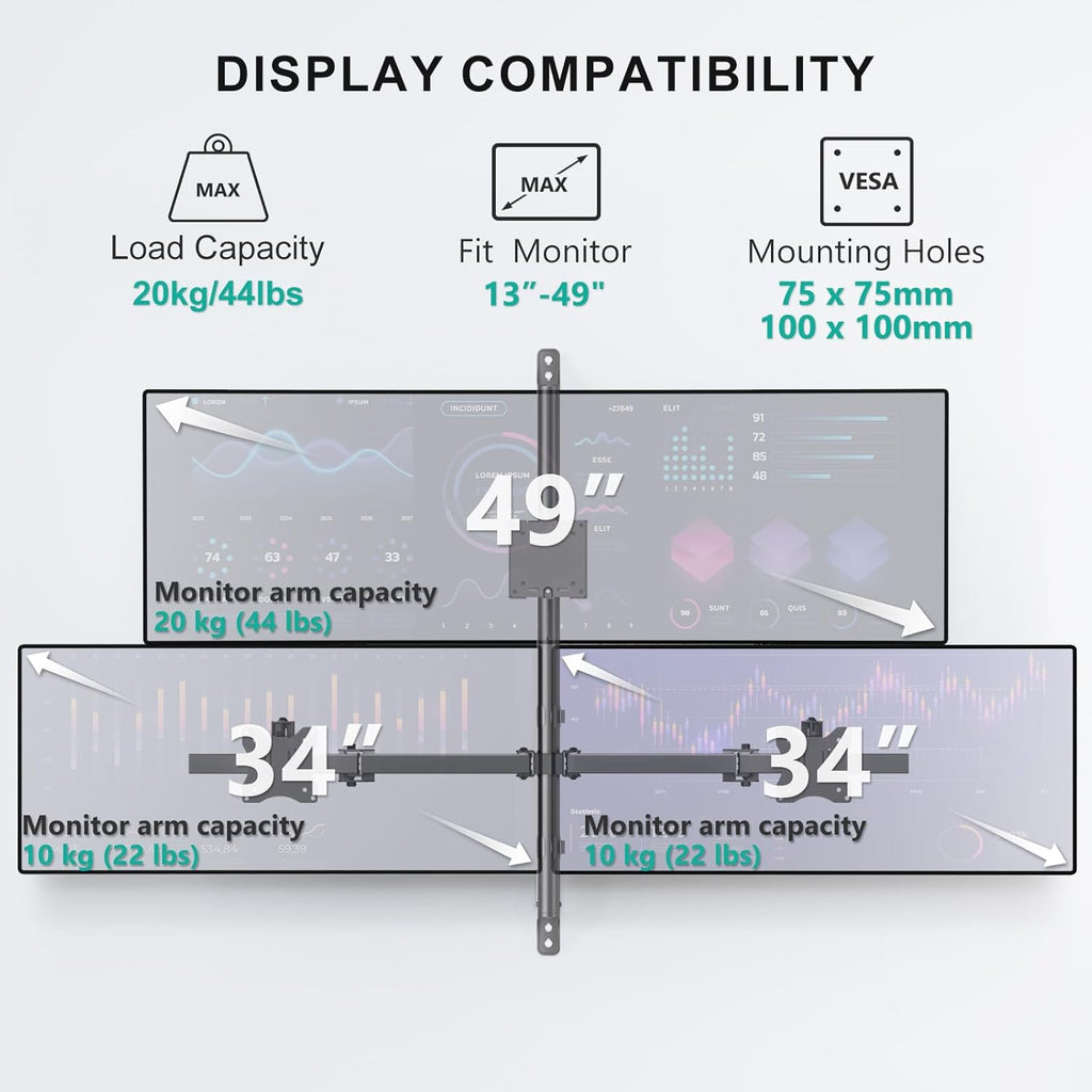 WALI Triple Monitor Wall Mount for 13 to 49 Inch, 3 Monitor Wall Mount Computer Monitor Arm for Ultrawides Screens, Swivel Tilt Wall Mount with VESA 75/100 mm, Per Arm Holds Up to 22lbs