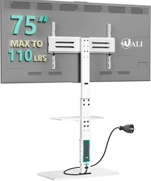 WALI Floor TV Stand with Power Outlet & AV Shelf, Tall TV Stand Mount for 32-75 inch TV up to 110 lbs, Swivel and Height Adjustable TV Stands with Wood Base for Bedroom, Office(TVDVD-6PW), White
