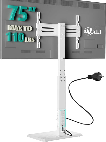 WALI Floor TV Stand with Power Outlet, Tall TV Stand Mount for 32-75 inch TVs up to 110 lbs, Swivel and Height Adjustable TV Stands with Wood Base for Bedroom, Office(TVDVD-7PW), White