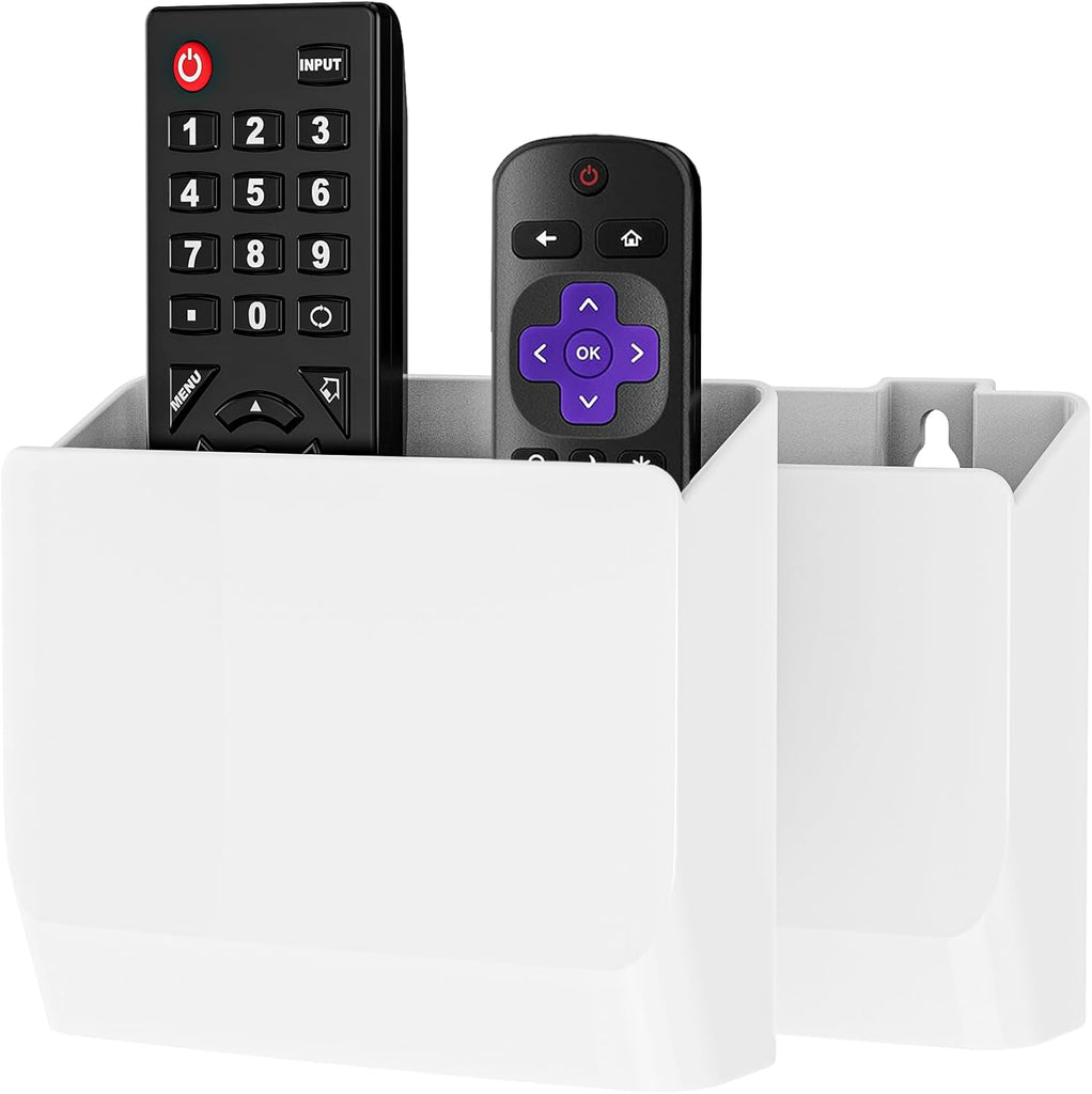 WALI Remote Control Holder Wall Mount 2 Pack, 5 Inch Hole-Free TV Remote Holder Wall Mount No Need to Drill Holes Adhesive for 2 or 3 Remote Controls, White (WMH001-W)