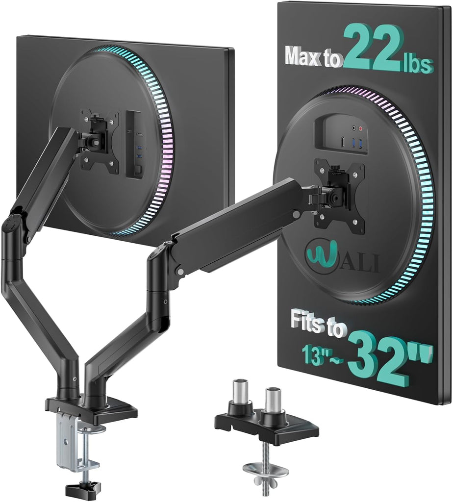 WALI Adjustable Dual Monitor Arm for 13-32 inch Screens, 22 lbs per Arm | Dual Monitor Stand for Desk, Full Motion with Tilt, Swivel, Rotation, C-Clamp & Grommet Base, VESA 75/100mm (GSMP002N), Black