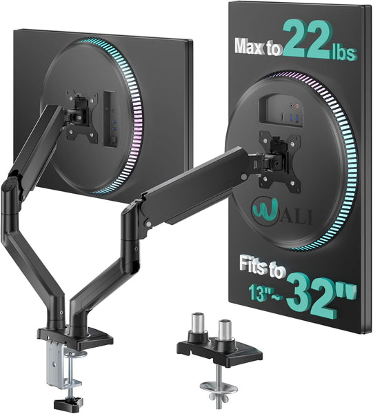 WALI Adjustable Dual Monitor Arm for 13-32 inch Screens, 22 lbs per Arm | Dual Monitor Stand for Desk, Full Motion with Tilt, Swivel, Rotation, C-Clamp & Grommet Base, VESA 75/100mm (GSMP002N), Black