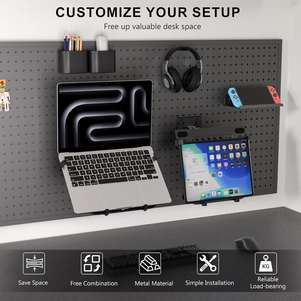 WALI Articulating Pegboard Adjustable Mount for Laptop and Monitor 2 in 1 with Vented Tray, Fits 1" Hole Spacing & Up to 1/4" Hole Diameter, Supports Laptop or Monitor Under 8.8lbs, PM00LP, Black