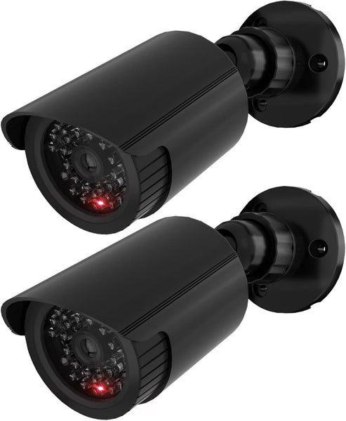 WALI Bullet Dummy Fake Surveillance Security CCTV Dome Camera Indoor Outdoor with One LED Light, Security Alert Sticker Decals (TC-B2), 2 Packs, Black