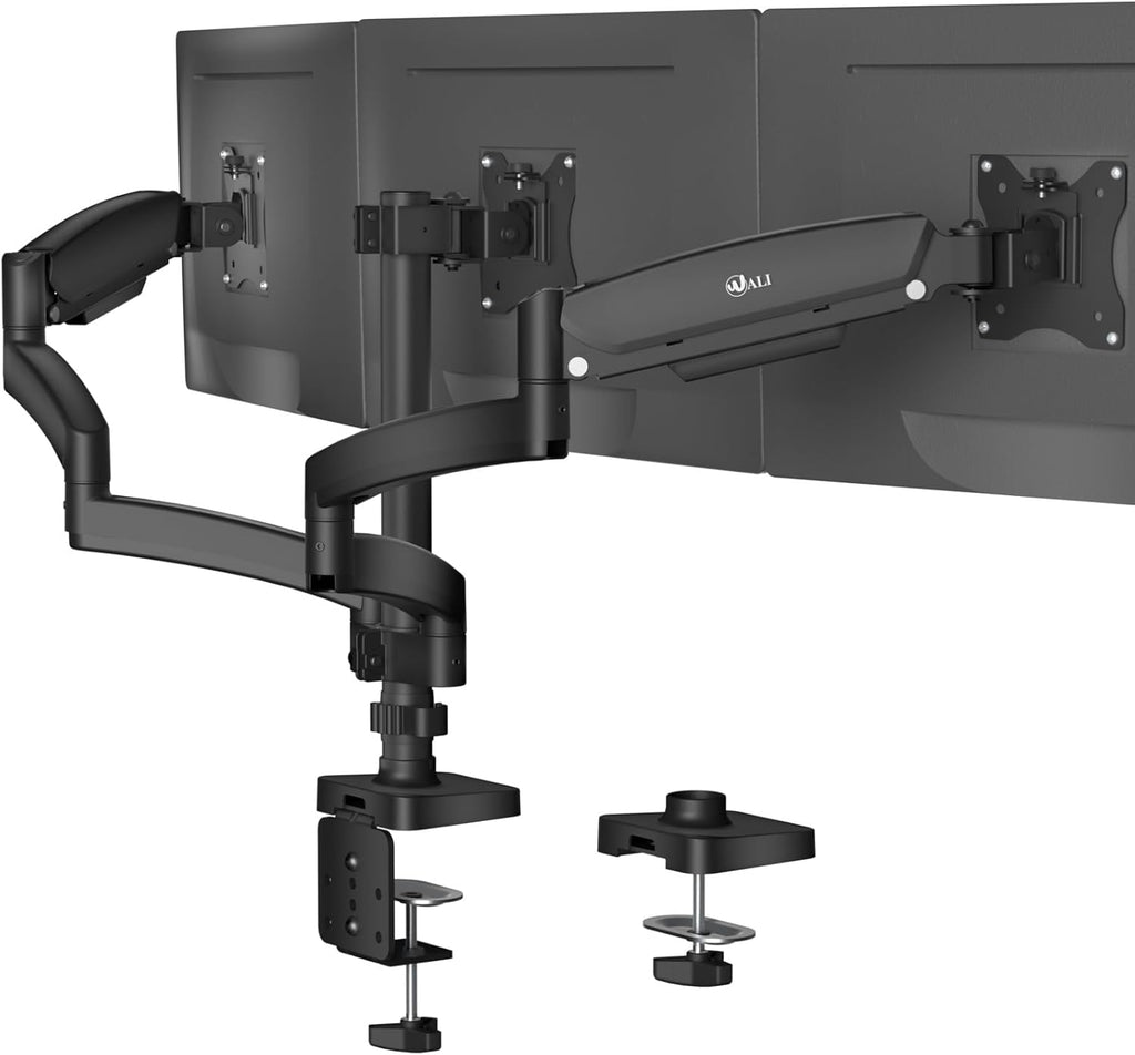 WALI Triple Monitor Mount, 3 Monitor Desk Mount with Premium Gas Spring Arm for Screens up to 27 inch, Multiple Monitors Stand with Tilt, Swivel, Rotation, Mounting Holes 75/100 mm (GSDM003N), Black