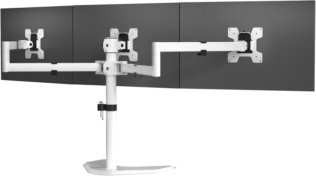 WALI Triple Monitor Stand, Free Standing Three LCD Monitor Fully Adjustable Desk Mount Fits 3 Screens up to 27 inch, 22 lbs Weight Capacity per Arm (MF003-W), White