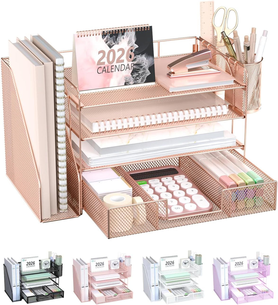 WALI Desk File Organizer, 4 Tier Desktop Paper Letter Tray Organizer with Drawer and 2 Pen Holders, Office Desk Accessories & Workspace Organizers for Office, Home, School Supplies, 1 Pack, Rose Gold